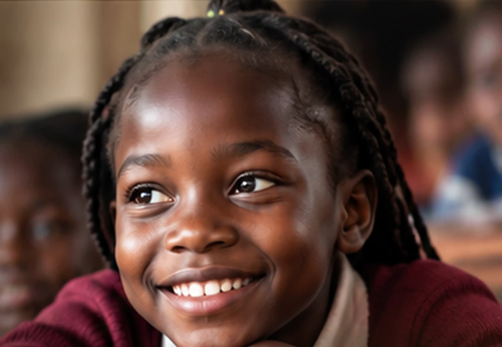 A smiling schoolgirl in a classroom